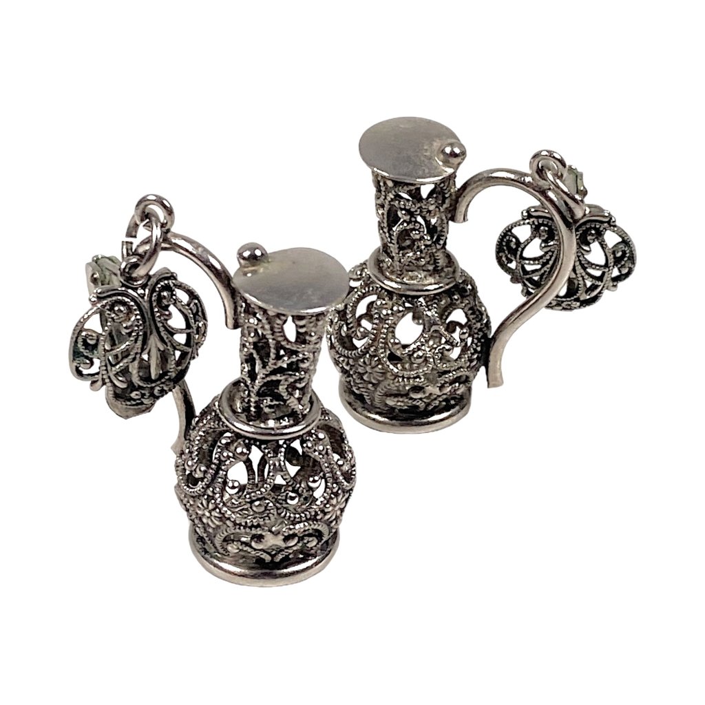 Vintage Earrings 2 Silver Plated Clipon Filigree Carafe Pitcher Decanter 1980s 35$